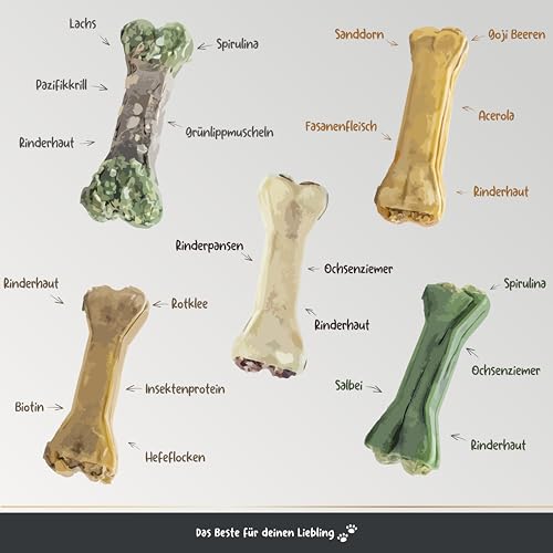 Pets Protect SUPERFOOD Kauknochen für Hunde 12cm | Kauknochen Mix | 5 einzigartige nährstoffreiche Kauknochen Kaustangen Hund für Groß & Klein | Made in Germany | getreidefrei | Kauleckerli