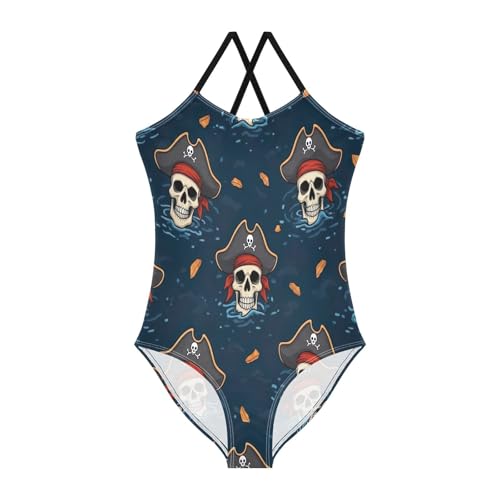 Toddler Bathing Suits for Girls, Summer Beach Swimsuit 3-10 Y, Pirate Skulls Teal