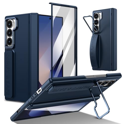 Coque pour Galaxy Z Fold 6 avec dragonne et poignée bracelet anti-chute bleue