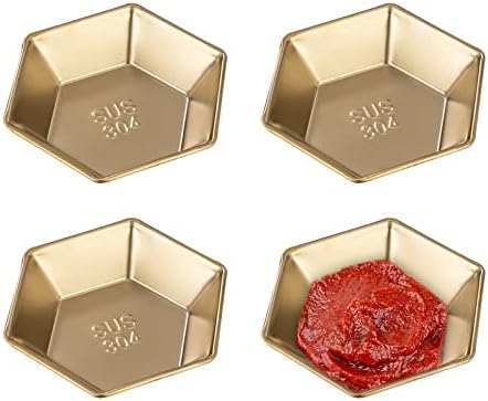 4Pcs Soy Sauce Dishes, 4oz Stainless Steel Dipping Bowls, Hexagon Shape Seasoning Dish, Small Condiment Pinch Bowls for Appetizer, Side Dishes, Ketchup, Dessert, BBQ (Golden)