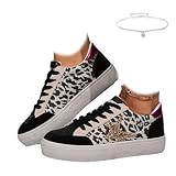 Zapatillas de mujer con estampado de leopardo y estrellas, cómodas, ligeras, con diseño de retazos, zapatos planos con cordones, tenis retro de leopardo para caminar, Black, 0 UK Wide