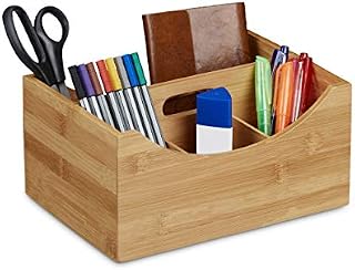 Relaxdays Bamboo Desk Organizer, Pencil Holder, 4 Compartments, Handle, Wood Grain, Size: ca 12 x 25 x 18 cm, Natural Brown, 18 x 25 x 12 cm
