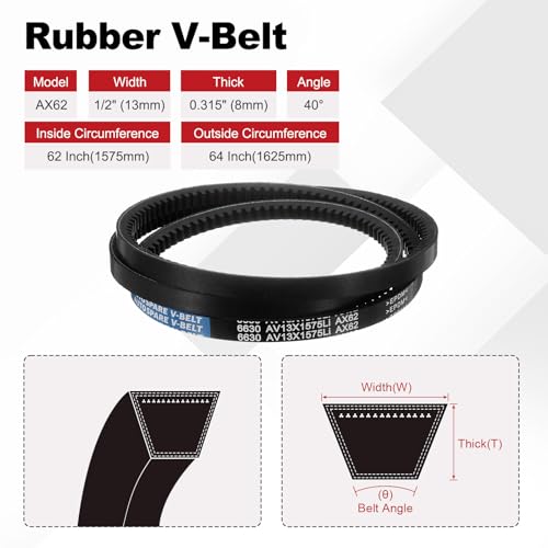 Image of AX62 Belt, Raw Edge Cogged Industrial Rubber EPDM V-Belt, Pack of 1 | 1 /2 inch(13mm) Width x 62 inch(1575mm) Inside Circumference x 5 /16 inch(8mm) Height