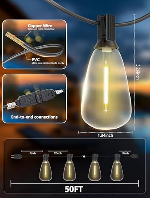 Outdoor String Lights 50FT Patio Lights with 25 Shatterproof, String Lights Outdoor Waterproof with ST35 LED Vintage Edison Bulbs, Hanging Light for Outside Backyard Garden