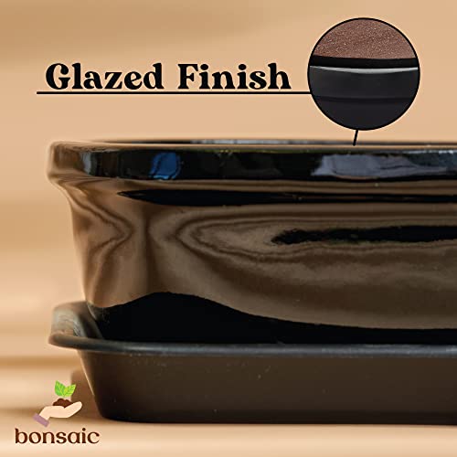 Bonsiac Mini Bonsai Japanese Style Bowl Planters With Seeping Plate - Shallow Planter Pots With Drainage Tray And Terra Cotta Glazed Finish #TOP3