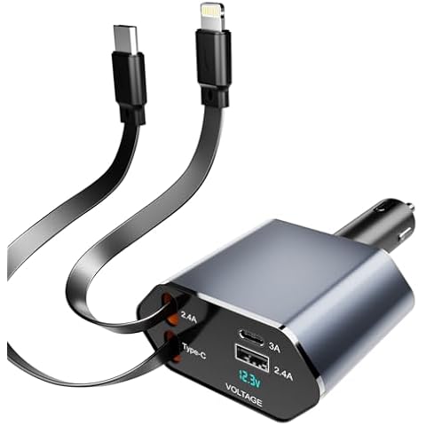 Retractable Car Charger - 4 in 1 Fast Car Phone Charger, 60W, 2 Retractable Cables, 2 USB Ports & Voltage Display, Compatible with iPhone 16/15/14/13/12/11 Series and Android Cover