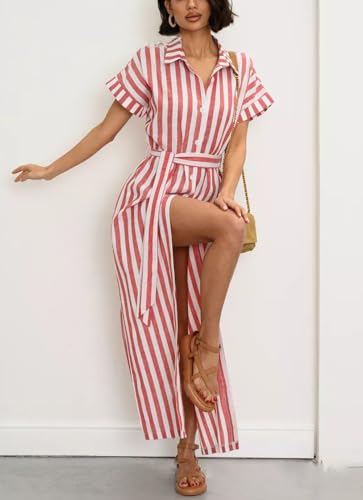 Image of chouyatou Women's Summer Short Sleeve Striped Shirt Dress Beach Maxi Long Belted Casual Button Down Dress