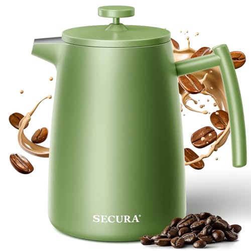 Secura 50oz French Press Coffee Maker – 304 Stainless Steel, Insulated Coffee Press with Extra Filter, Green