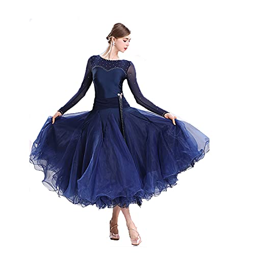 National Standard Ballroom Dance Frauen-Walzer Moderner Tanzwettbewerb Kleid Strass Tango Performance Dress großen Schaukel Rock Langen Ärmeln,Navy Blue,XXL Cover