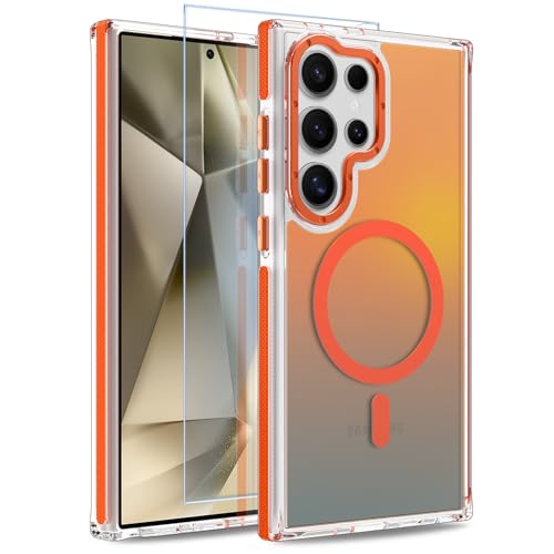 Image of Magnetic Case for Samsung Galaxy S24 Ultra [Compatible with Magsafe] [Cute Fashion Fluorescent Design] [1 Screen Protector] Slim Translucent Matte Case for Galaxy S24 Ultra 6.8 inch, Orange