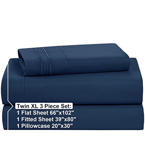 Image of Nestl Twin XL Bed Sheet Set - Navy Blue - 3-Piece Extra Deep Pocket | Instantly Soft, Night-One Ready (No Wash Required). Fits Extra Deep Pockets up to 24 Inches, 360-Degree Elastic Grip