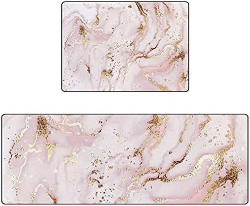 ZKLZI Kitchen Rugs Kitchen Mats for Floor 2 Pieces Liquid Marble Painting Gold Pink Kitchen Mat Set Non Slip Soft Absorbent Coral Velvet Washable Kitchen Rug Set 17.7×29.1Inch + 17.7×58.2Inch