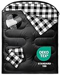 MEREZA Flannel Double Sleeping Bag for Adults Cold Weather, XL Queen Size Sleeping Bag for All Season 2 Person Big and Tall Sleeping Bags for Camping 0 Degree with Pillow (BLACK&WHITE)