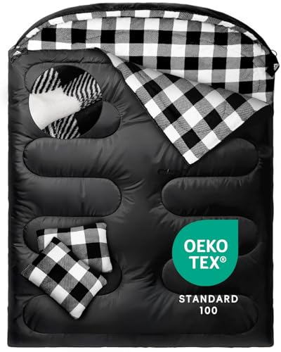 MEREZA Flannel Double Sleeping Bag for Adults Cold Weather, XL Queen Size Sleeping Bag for All Season 2 Person Big and Tall Sleeping Bags for Camping 0 Degree with Pillow