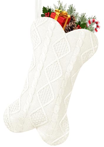 GOYOSWA Dog Christmas Stocking, 18 Inch Large Double Side Knitted Christmas Stocking for Dogs, Bone Shaped Hanging Dog Stocking for Dogs Pets (White)