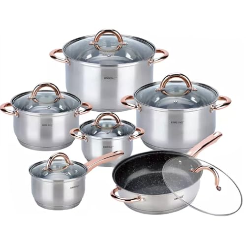 Kinghoff (KH-1766) Batterie de cuisine à induction 12 pièces avec poêle et casserole avec couvercle en verre Acier inoxydable mat Convient pour tous les types de cuisinières Passe au lave-vaisselle