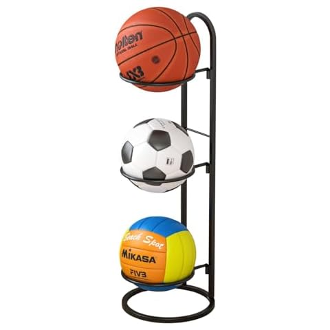 AGTEK Ball Display Rack,Storage Garage Organizer,Ball Shelf,Sports Equipment Organizer with 3 Baskets,for Basketball Football Soccerball,Black Cover
