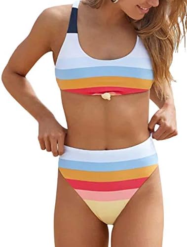 Two Piece High Waisted Bathing Suit Striped Bikini Set Swimsuits for Women High Cut Sports Suits