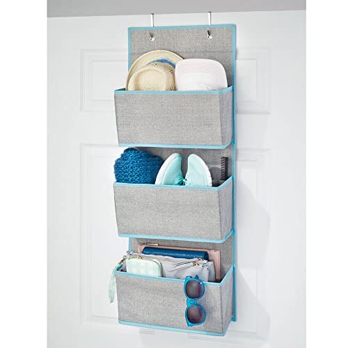 Mdesign Fabric Hanging Organizer For Over Door Storage In Bedroom/Hallway Closets, 3 Pocket Organizer Caddy, Hooks For Linens, Clothing, Accessories, Textured Print, Lido Collection, Gray/Teal Blue #TOP1