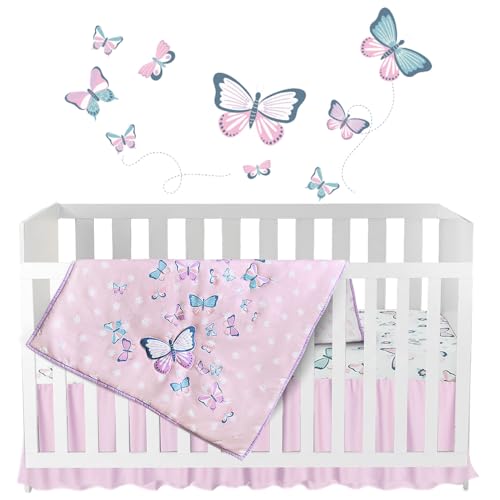 Image of Butterfly Baby Crib Bedding Set Girl 28"x52", 8" Deep Pocket - 5 pcs Baby Bedding Set with Blanket, 2 Crib Sets for Girls Cotton Fitted Sheets, Skirt, and Butterfly Wall Sticker - White & Pink