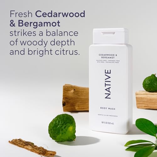 Image of Native Clean Body Wash, Gentle & pH-balanced for Sensitive Skin, 24-Hr Freshness for Men & Women, Vegan & Cruelty-Free, Free of Sulfates & Parabens, Cedarwood & Bergamot, 18 fl oz