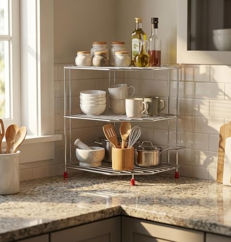 Image of Homify 3-Tier Stainless Steel Kitchen Organizer Rack Corner Shelf Rack For Kitchen Storage | Plate & Bowl Holder | Kitchen Steel Rack Stand For Sink, Slab, And Cabinet,Free Standing