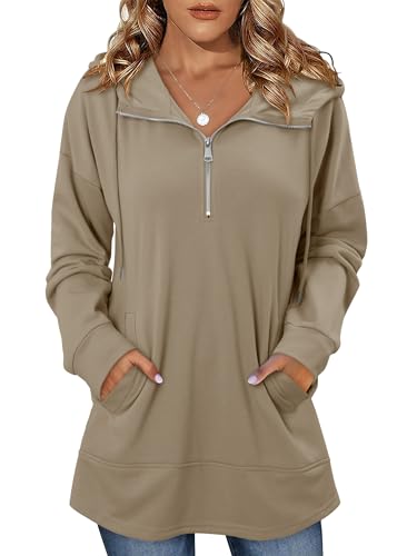 onlypuff Women Hoodie Pullover Trendy Quarter Zipper Lapel Sweatshirts Drawstring Cute Hooded Tunic Tops with Side Pockets