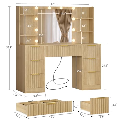 Image of Quimoo Fluted Vanity Desk with Mirror and Adjustable LED Lights & Power Outlet, Makeup Vanity Desk with 7 Drawers,4 Shelves and 5 Hooks, Vanity for Girls, Natural Oak