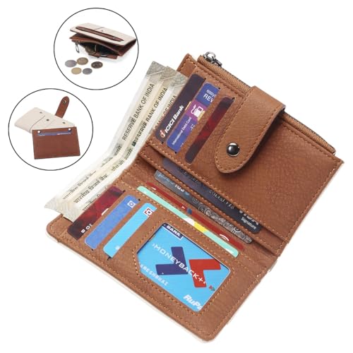 Image of INOVERA (LABEL) Small Wallet for Women & Girls - Stylish Faux Leather Ladies Hand Purse for Card, Cash, Coin, ID Window with Zipper Pocket (White and Brown)