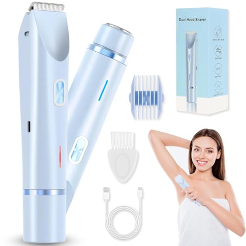 Rasoio elettrico da donna 2 in 1, Indolore Rasoio Parti Intime Donna, Rasoio elettrico a doppia testa per donna, Rasoio Donna Inguine IPX7 Impermeabile, Rasoio Elettrico Donna, per corpo, viso (Blu)