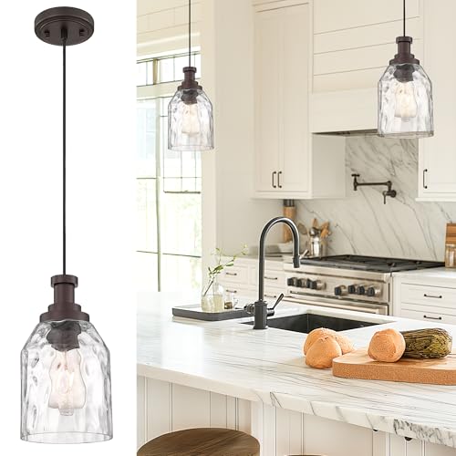 Image of zeyu 1-Light Kitchen Hanging Light Fixture, Farmhouse Island Pendant Lighting, Water Ripple Glass Shade, Oil Rubbed Bronze Finish, ZG33M1L-L ORB-WG