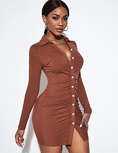 Iqreeny Women Sexy Bodycon Dress Button Down Long Sleeve Ruched Dress Collared Party Club Shirt Dresses Caramel S #TOP2