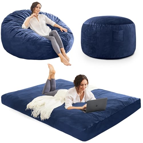 Bean Bag Chairs for Adults - Giant Bean Bag Chair Convertible Bean Bag Bed - Beanbag Chair with Micro Fiber Cover/Furniture Foam Filler - Floor Couch Sofa in Bedroom Dorm Room - Full Navy Blue