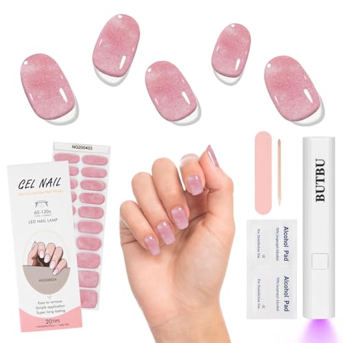 BUTBU Uñas de Gel Pegatinas Semicuradas con Mini Lámpara UV y Lima - Kit de Manicura DIY Flash Pink
