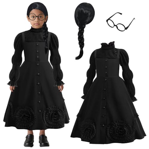 LZH Disfraz de Bruja para Niñas Disfraz de Halloween para Niños Vestido Negro de Halloween con Peluca y Gafas para Traje de Cosplay 7-8 años