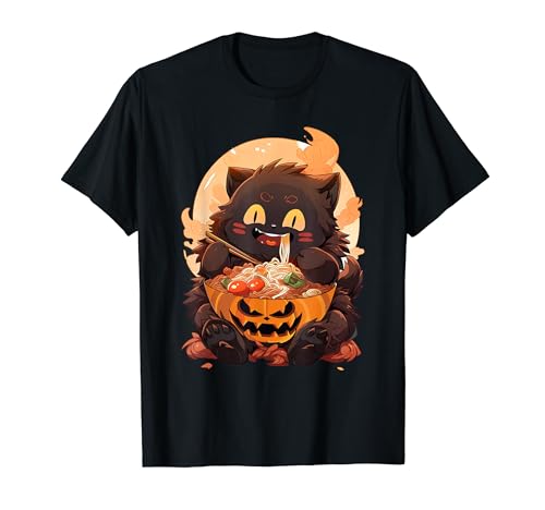 Kawaii Creepy Cat Eating Ramen Noodles Halloween Cat Kids Maglietta