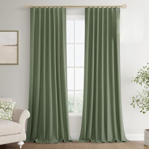 Joywell Extra Long 100% Blackout Linen Curtains 120 Inches Olive Green