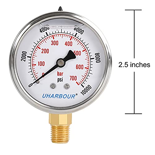 Image of UHARBOUR Glycerin Filled Pressure Gauge 10000psi /700bar, Stainless Steel case, Brass Inside Construction, 2-1 /2 inch dial, 1 /4 inch NPT Rear Connection.