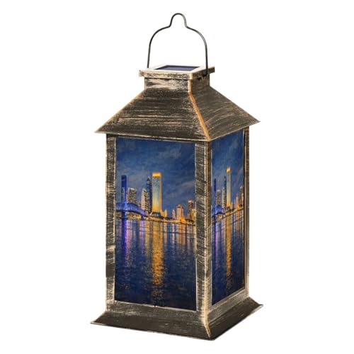 Rustic Farmhouse Solar Lantern with City Skyline Design