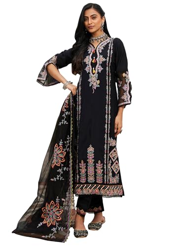 Image of INDO ERA Women's Silk Blend Embroidered Straight Kurta Pant with Dupatta (Ieout6967)