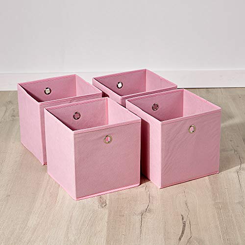 Home Source Cube Storage Boxes - Collapsible Fabric Storage Baskets for Shelves, Closet, Underbed - Foldable Canvas Organising Boxes for Toys, Wardrobe (4 Pieces, Pink)