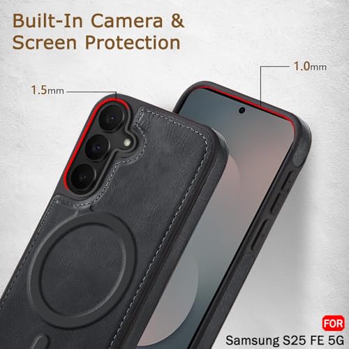 Image of TheGiftKart Genuine Leather Finish Back Cover Case for Samsung Galaxy S25 FE 5G | Raised Edges for Camera & Screen Protection | Shockproof Stunning Minimalist Design Cover (MagSafe Compatible, Black)