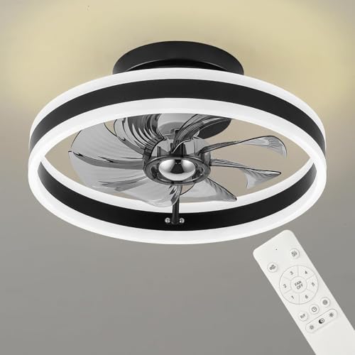Image of RIYNFO LED Ceiling Fans with Lights Remote,Reversible Bladeless Modern Ceiling Fan Lights Flush Mount 16 inch 6 Speeds 3 Color Dimmable Black Ceiling Fan Light for Bedroom