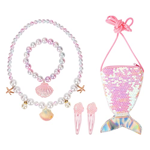 Kmbcove Collier et Bracelet en Perles pour Enfants Ensemble de Bijoux de Sirène avec Porte-Monnaie à Paillettes et Pince à Cheveux pour Le Bal, Le Festival, La Fête d'anniversaire Cover