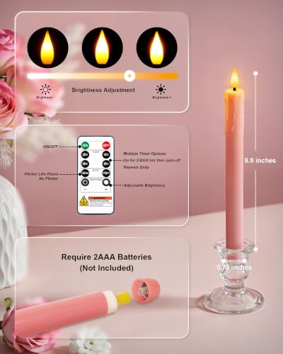 Image of Homemory 3 Pcs Waxy Pink Flameless Taper Candles with Remote Timer, LED Fake Candlesticks, 9.6 Inches Battery Tall Candle with 3D Flickering Flame for Wedding, Dinner, Christmas Anniversary Decor