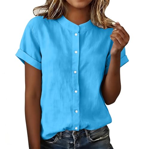 Womens Cotton Linen Mandarin Collar Button Down Shirts Ladies Casual Dressy Roll Up Short Sleeve Work Tops Blouses Sky Blue