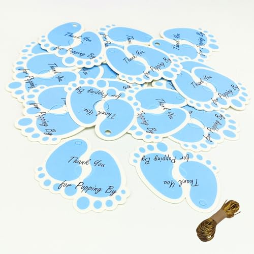 LEZIEBIRE 50 pcs Thank You Baby Shower Tags Paper Gift Tags Gender Reveal It's a Boy Party Favors Decoration with 10m Gold String Baby Feet Blue