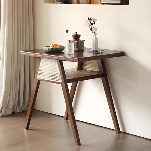 Walnut Bistro Rattan Dining Set - Solid Wood Square Table & 2 Stackable Chairs for Small Spaces, Modern Outdoor/Indoor Furniture, Perfect for Patio, Garden, and Dining Room