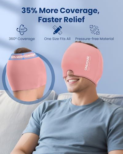 Image of Upgraded Migraine Relief Cap, ONLYCARE Headache Relief Cap, Soothing Migraine Mask, Odorless Gel Ice Head Wrap, Hot & Cold Therapy, Reusable Ice Pack for Tension and Stress, Pink