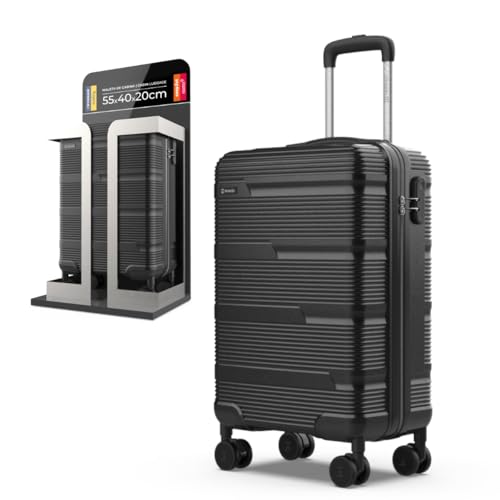 NUMADA - Maleta de Viaje Cabina 55x40x20cm (38,4L) Upfly T10 XS Apta para Ryanair con Cierre de Combinación y 4 Ruedas. Maleta de Mano Rígida Resistente, Ligera con Interior Compartimentado | Negro